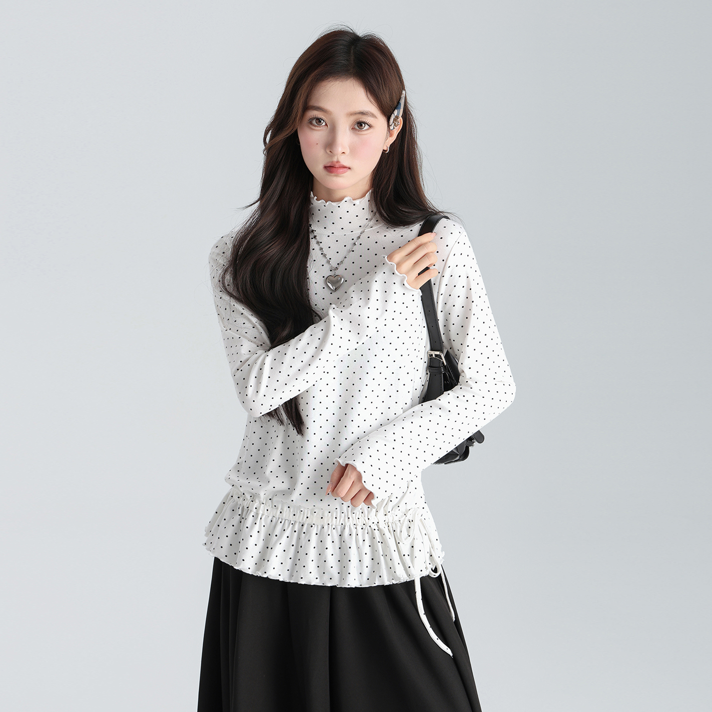 实拍实价韩系半高领波点荷叶边打底长袖t恤2025秋冬新款百搭上衣