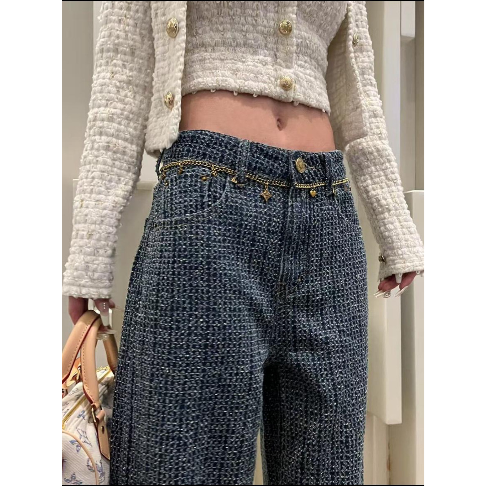 复古高腰阔腿裤女秋季格子提花百搭休闲牛仔裤宽松显瘦毛边直筒裤
