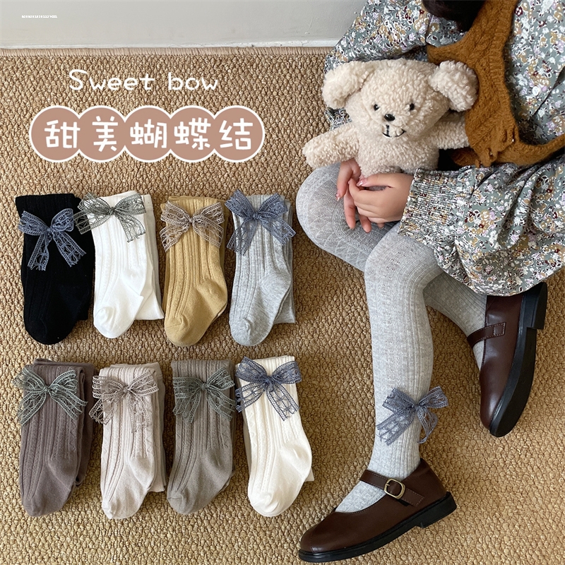 儿童连裤袜春秋季纯棉女童连脚裤韩系洋气蝴蝶结中大童外穿打底袜