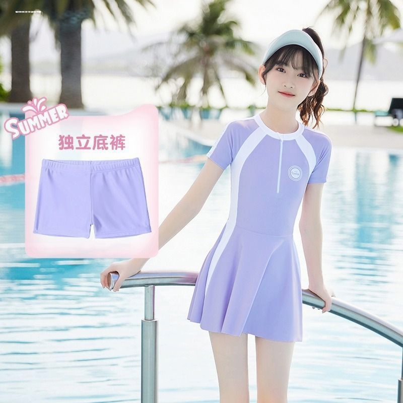 儿童连体泳衣女孩中大童初中生训练保守青少年2025新款女童防晒装