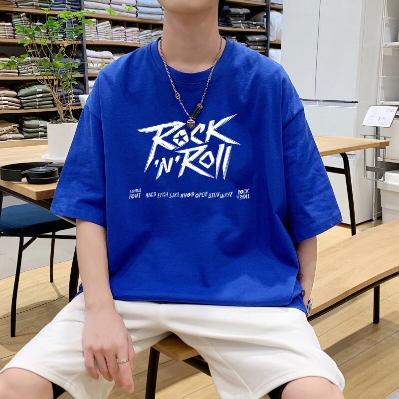 T3481P25港风落肩纯棉T短袖字母卡通印花T恤新2022男宽松圆领T恤,男装T恤,星座510A-6