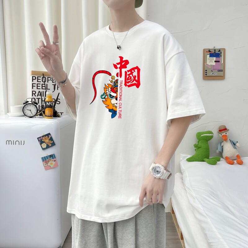 T3255P25春夏新款2022男士宽松T恤港风落肩纯棉男T短袖T恤加大男T,男装T恤,星座510A-6
