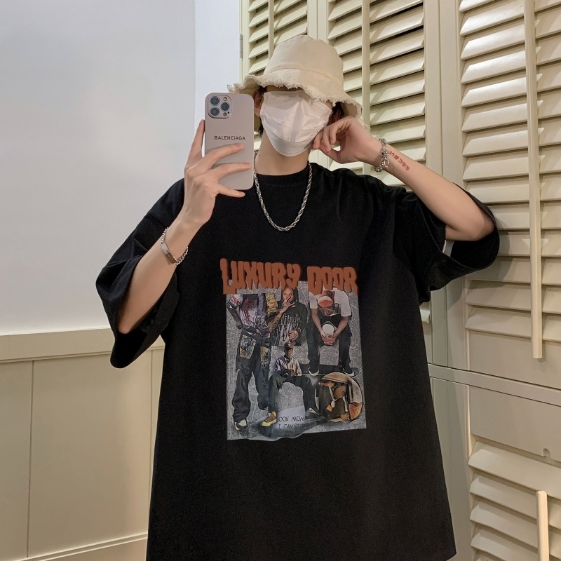 T6236P25夏2023落肩款宽松棉T男士T恤港风印花纯棉短T黑色，男装T恤，星座510A-6