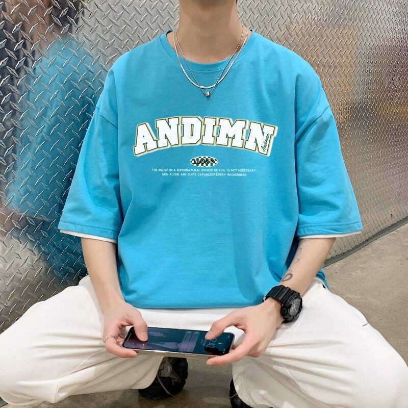 T3487P25英文印花男宽松T恤港风落肩纯棉男T短袖潮趣T恤春夏,男装T恤,星座510A-6