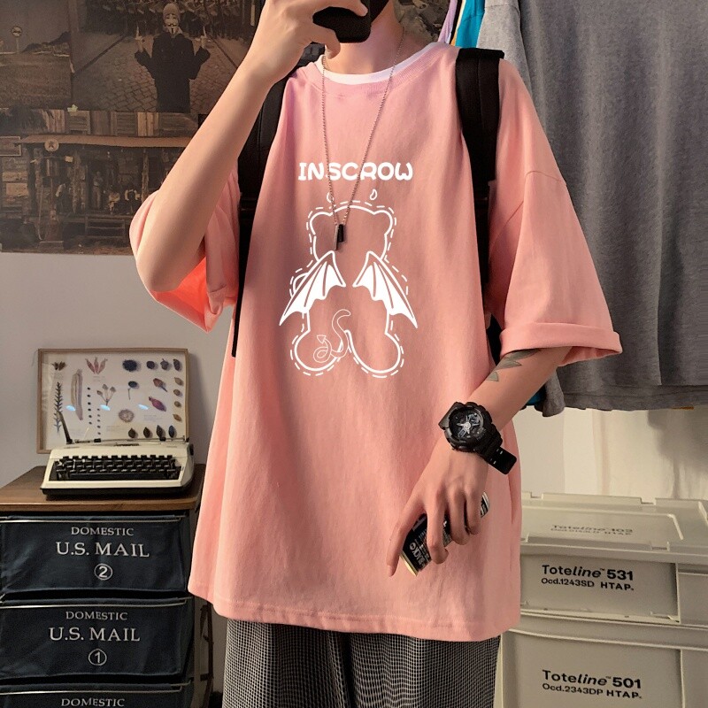 T3460P25宽松T恤港风落肩纯棉男T短袖潮趣印花T恤春夏新款2022男图片
