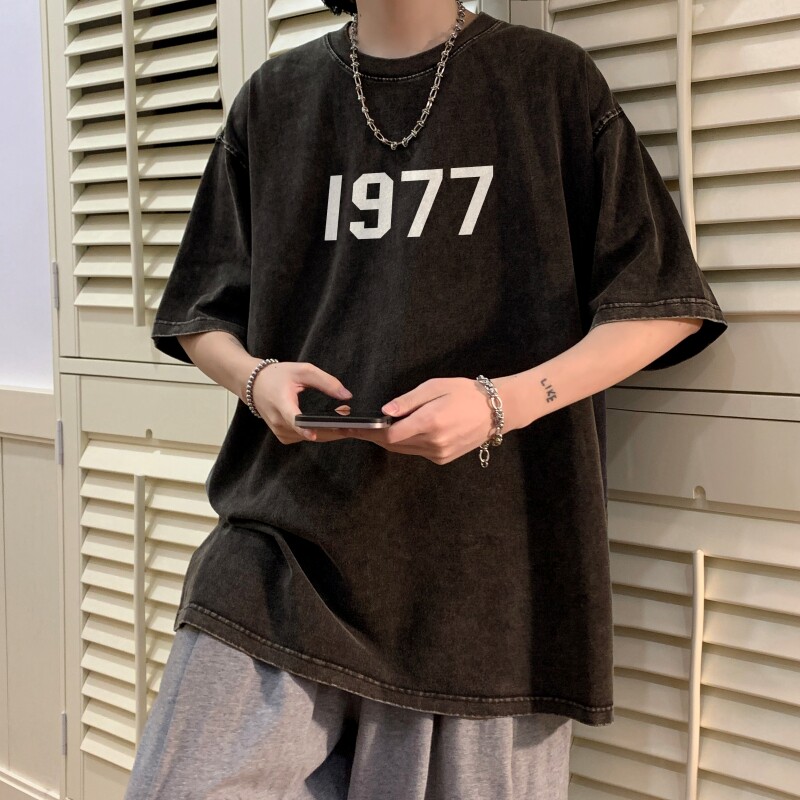 TF6377P38 夏水洗蜡染T恤做旧落肩款宽松棉T男士复古美欧T恤图片