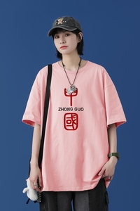 D2069P20中性女模纯棉男短袖T恤港风印花宽松休闲情侣装半袖T恤图片