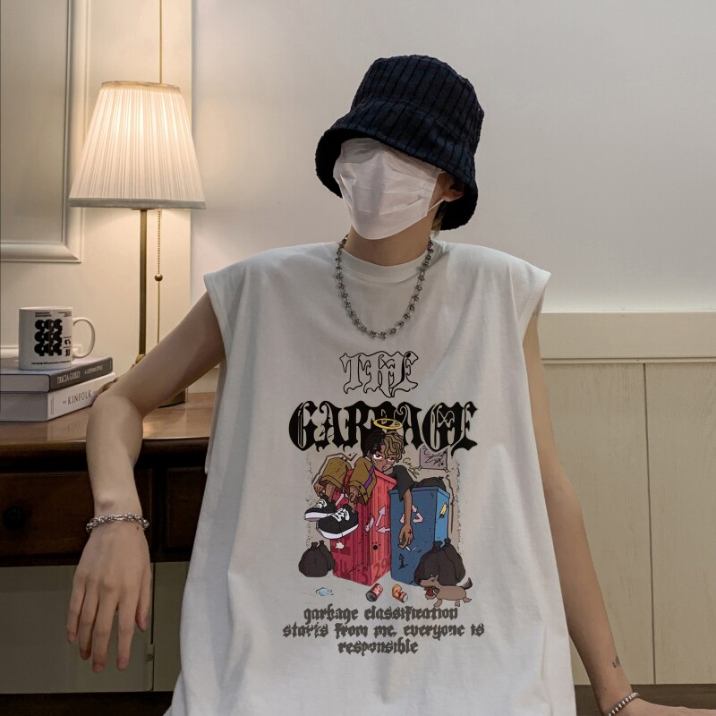 TW6411P25 夏2023宽松无袖棉T男士T恤港风印花纯棉背心图片
