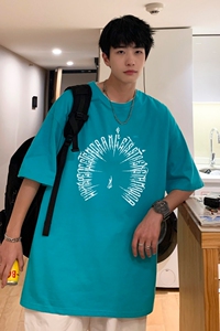 T3762P25新2022男宽松圆领T恤港风落肩纯棉T短袖字母卡通印花T恤图片