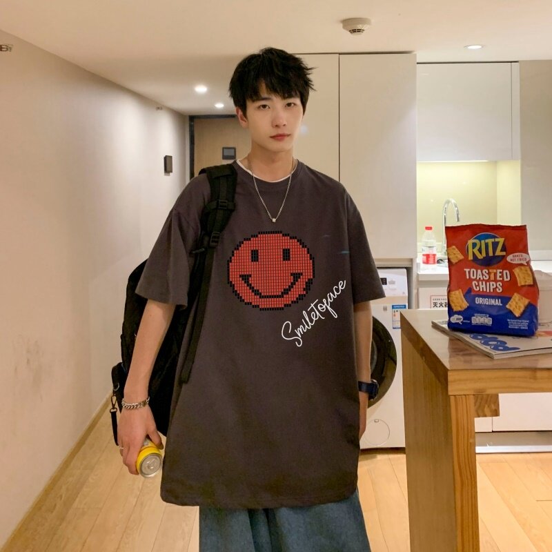 T3761P25港风落肩纯棉T短袖字母卡通印花T恤新2022男宽松圆领T恤,男装T恤,星座510A-6