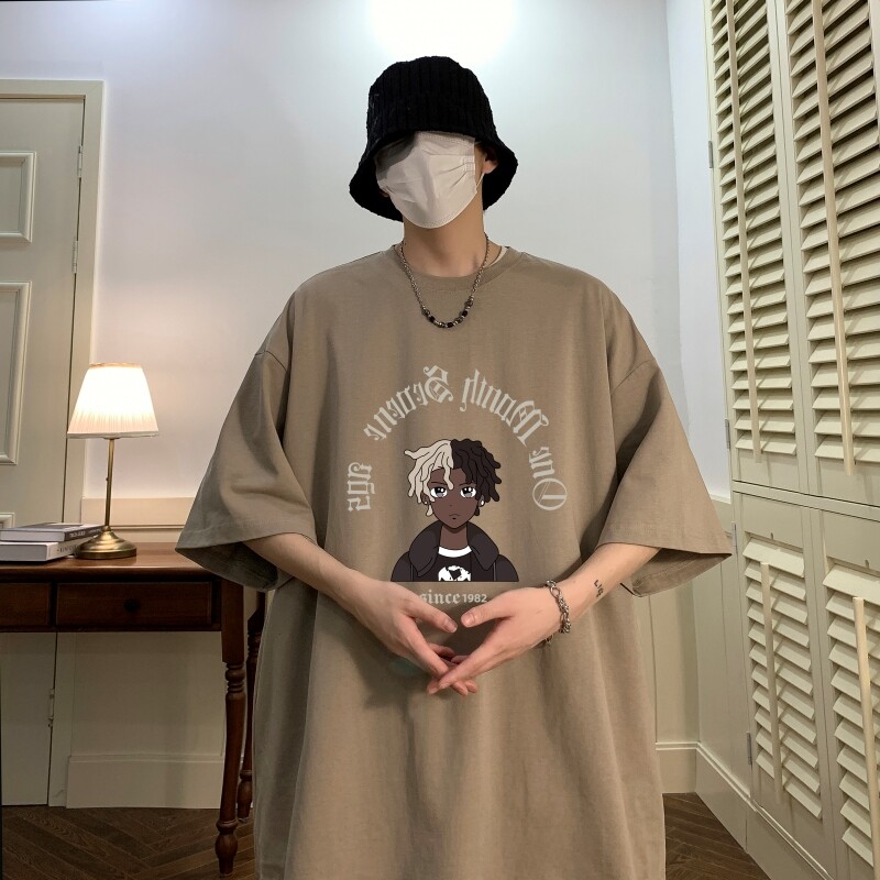 T6239P25 夏2023落肩款宽松棉T男士T恤港风印花纯棉短T卡其图片