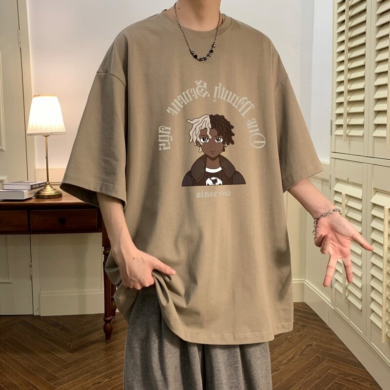 T6239P25夏2023落肩款宽松棉T男士T恤港风印花纯棉短T咖啡,男装T恤,星座510A-6