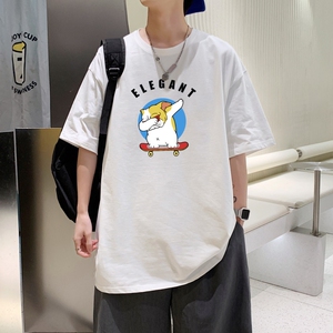 T3480P25短袖字母卡通印花T恤新2022男宽松圆领T恤港风落肩纯棉T图片