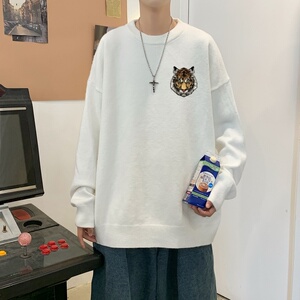 MD2975P55男春秋季ins潮流慵懒风印花圆领毛衣休闲打底针织衫外套图片