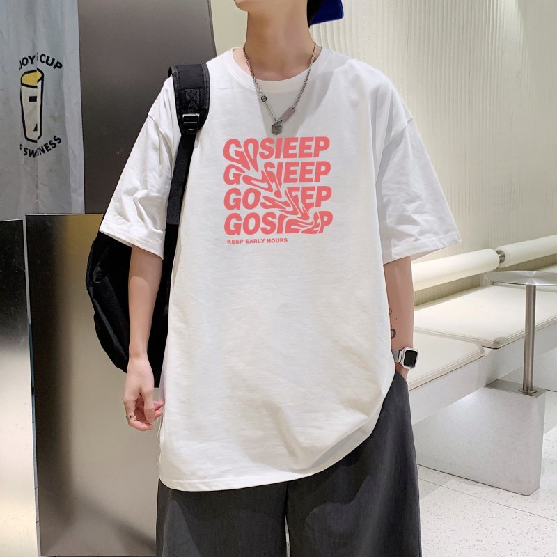 T3341P25港风落肩纯棉男T短袖潮趣印花T恤春夏新款2022男宽松T恤图片