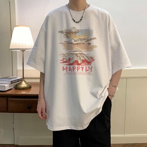 T7143P25 夏2023落肩款宽松棉T男士T恤港风印花纯棉短T图片