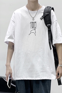 D2170P20 港风室内纯棉男短袖港风净版小标印花宽松休闲情侣装T恤图片