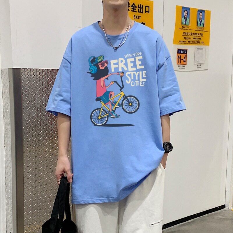 T3904P28新2022男宽松圆领T恤港风落肩纯棉T短袖字母卡通印花T恤,男装T恤,星座510A-6