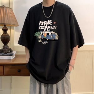 T6237P25 夏2023落肩款宽松棉T男士T恤港风印花纯棉短T黑色图片