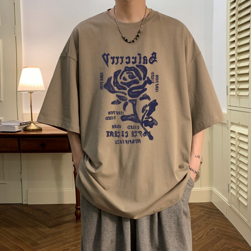 T6291P25 夏2023落肩款宽松棉T男士T恤港风印花纯棉短T图片