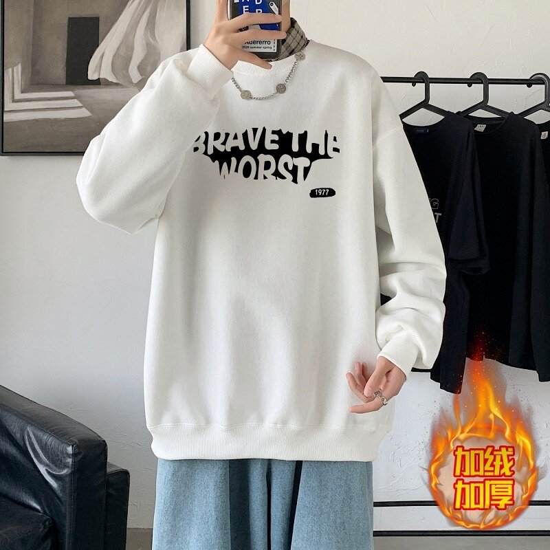 YN6028P55落肩宽版圆领卫衣打底100%棉加绒加厚高货卫衣深灰,男装卫衣,星座510A-6