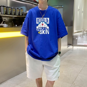 T3485P25宽松T恤港风落肩纯棉男T短袖潮圆领T恤春夏卡通印花图片
