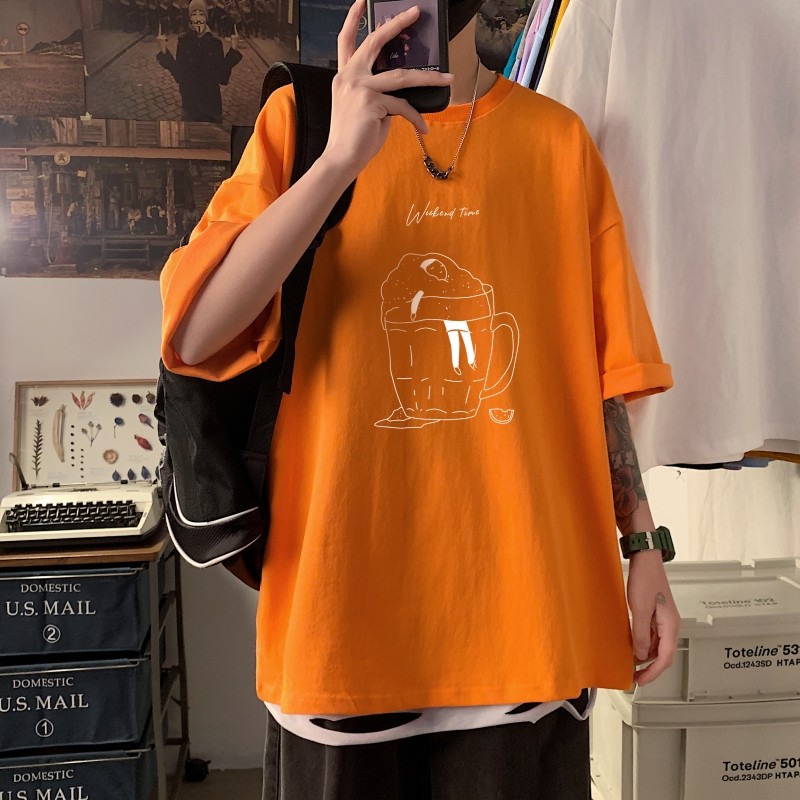 T3349P25春夏新款2022男士宽松T恤港风落肩纯棉男T短袖T恤加大男T图片