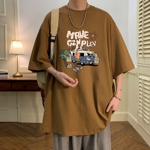 T6237P25 夏2023落肩款宽松棉T男士T恤港风印花纯棉短T咖啡图片