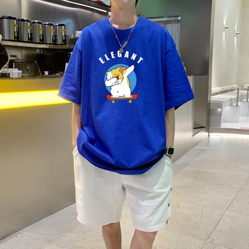 T3480P25新短袖字母卡通印花T恤2022男宽松圆领T恤港风落肩纯棉T,男装T恤,星座510A-6