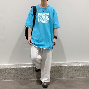 T3341P25春夏新款2022男宽松T恤港风落肩纯棉男T短袖潮趣印花T恤图片