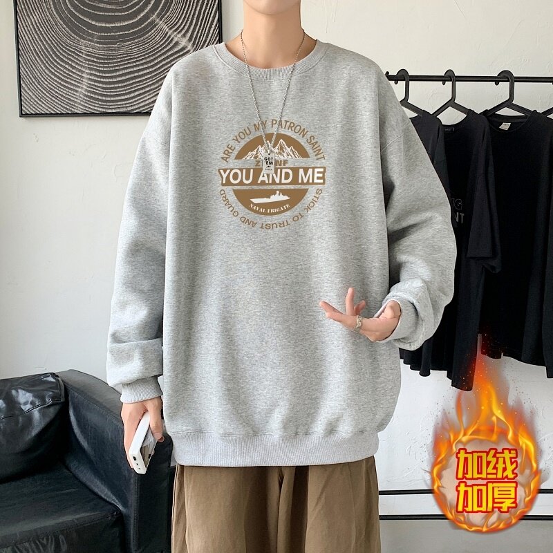 YN6024P55落肩宽版圆领卫衣打底100%棉加绒加厚高货卫衣雾霾蓝,男装卫衣,星座510A-6