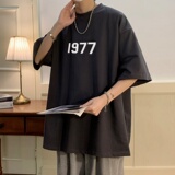 T6238P25夏2023落肩款宽松棉T男士T恤港风印花纯棉短T白色，男装T恤，星座510A-6