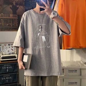 T3349男T2022男士宽松T恤短袖T恤春夏新款加大男T港风落肩纯棉