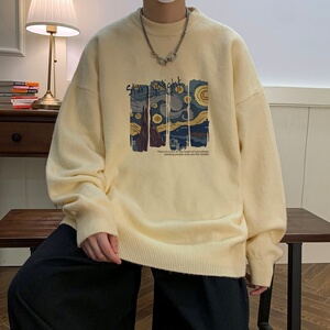 MD7360P45控68男生秋冬宽松毛衣外套男士潮流休闲针织衫圆领毛衣图片