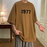T6238P25夏2023落肩款宽松棉T男士T恤港风印花纯棉短T卡其，男装T恤，星座510A-6