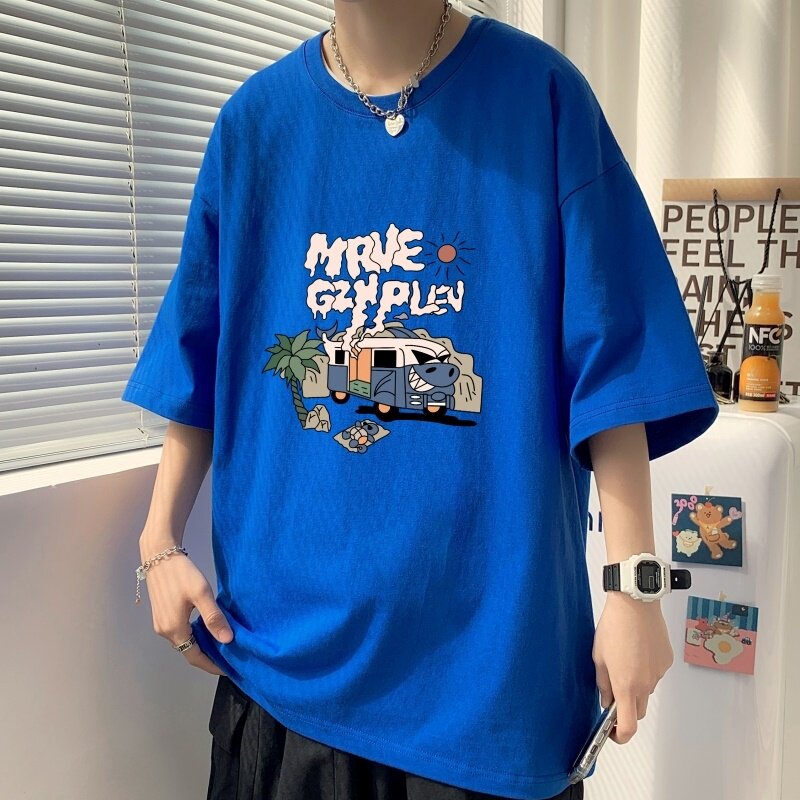 T6237P25夏2023落肩款宽松棉T男士T恤港风印花纯棉短T咖啡,男装T恤,星座510A-6