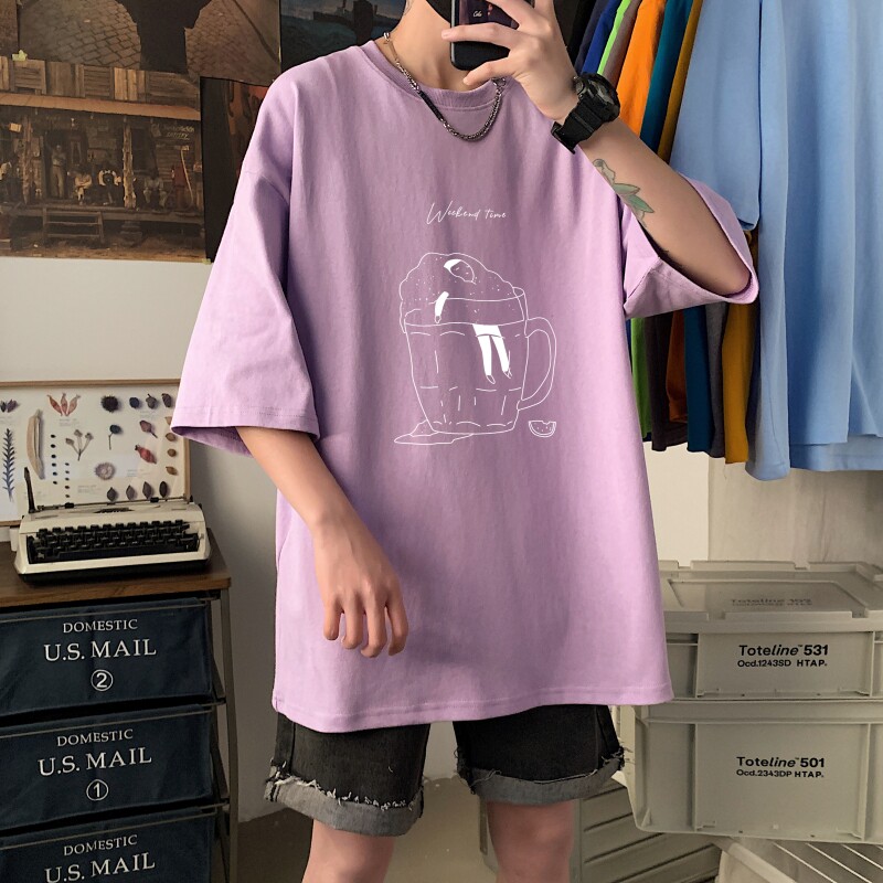 T3349P25春夏新款2022男士宽松T恤港风落肩纯棉男T短袖T恤加大男T,男装T恤,星座510A-6