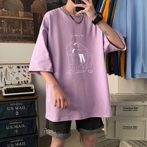 T3349P25春夏新款2022男士宽松T恤港风落肩纯棉男T短袖T恤加大男T图片