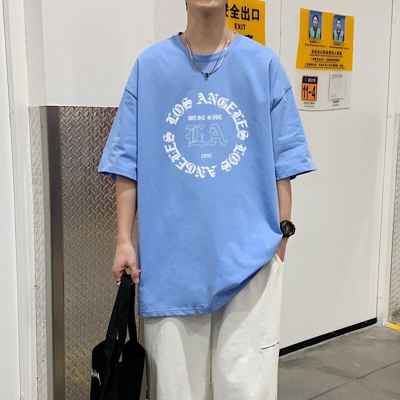 T3907P28港风落肩纯棉T短袖字母卡通印花T恤新2022男宽松圆领T恤,男装T恤,星座510A-6