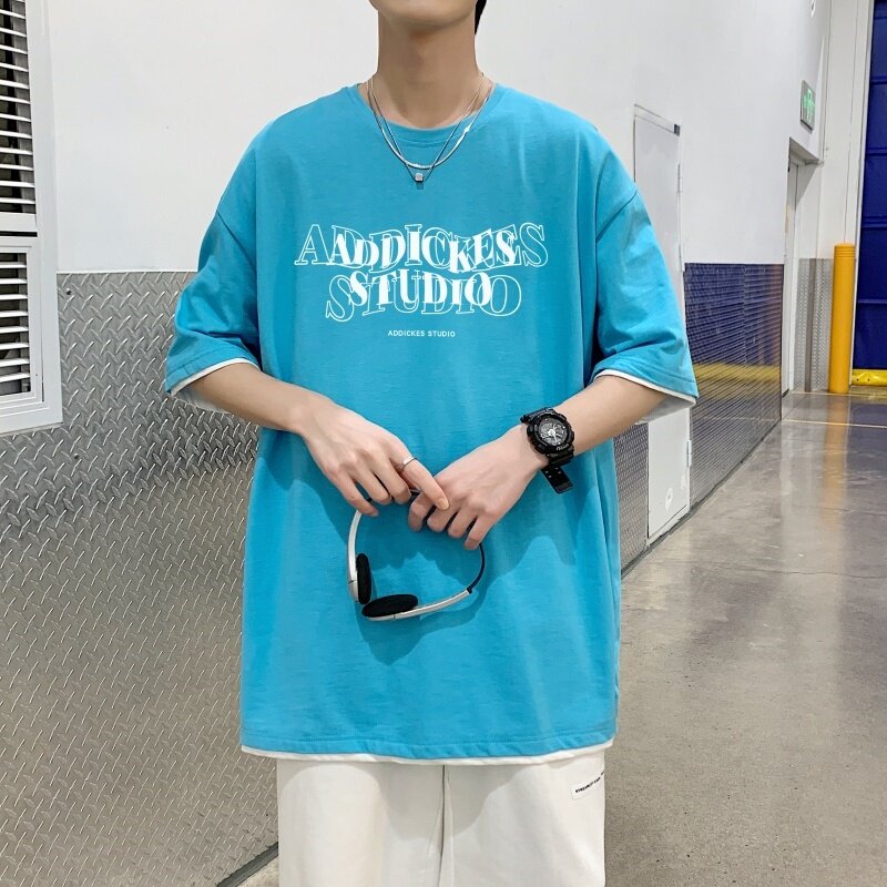 T3484P25落肩纯棉男T短袖潮圆领T恤春夏新款英文印花T恤港风,男装T恤,星座510A-6