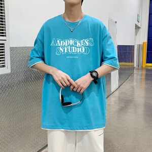 T3484P25落肩纯棉男T短袖潮圆领T恤春夏新款英文印花T恤港风图片