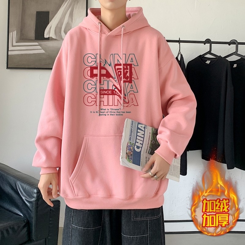 LR6025P65落肩宽版连帽卫衣打底100%棉加绒加厚高货卫衣粉色，男装卫衣，星座510A-6