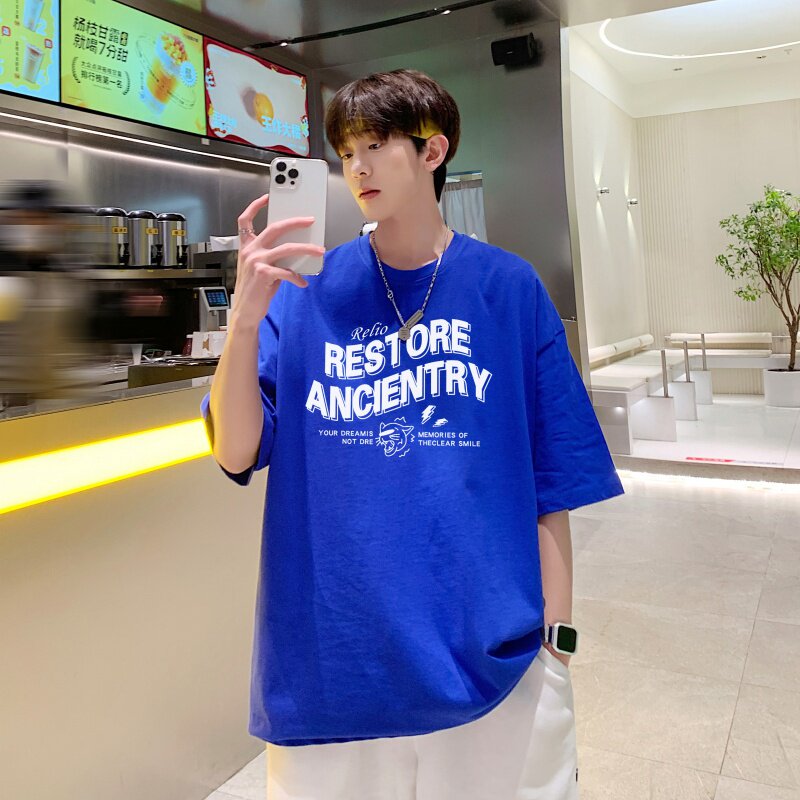 T3344P25春夏新款2022男宽松T恤港风落肩纯棉男T短袖潮趣印花T恤图片