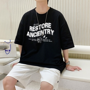 T3344P25春夏新款短袖潮趣印花T恤2022男宽松T恤港风落肩纯棉男T图片