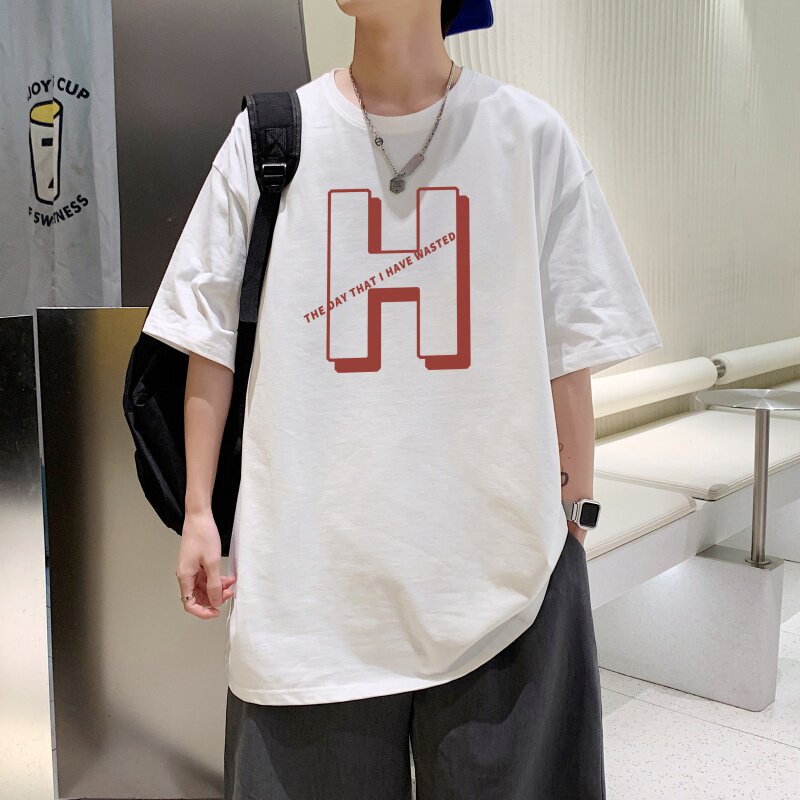 T3476P25新2022男宽松圆领T恤港风落肩纯棉T短袖字母卡通印花T恤,男装T恤,星座510A-6