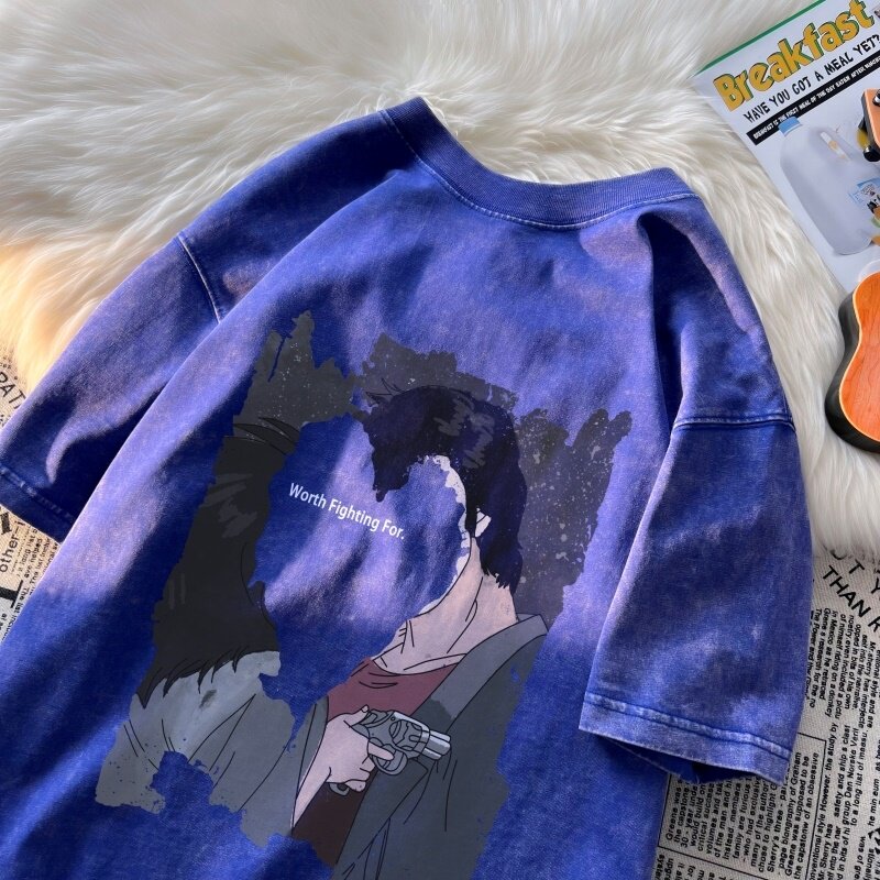 TF6246P38夏2023水洗做旧落肩款宽松棉T男士复古美欧T恤蓝色,男装T恤,星座510A-6