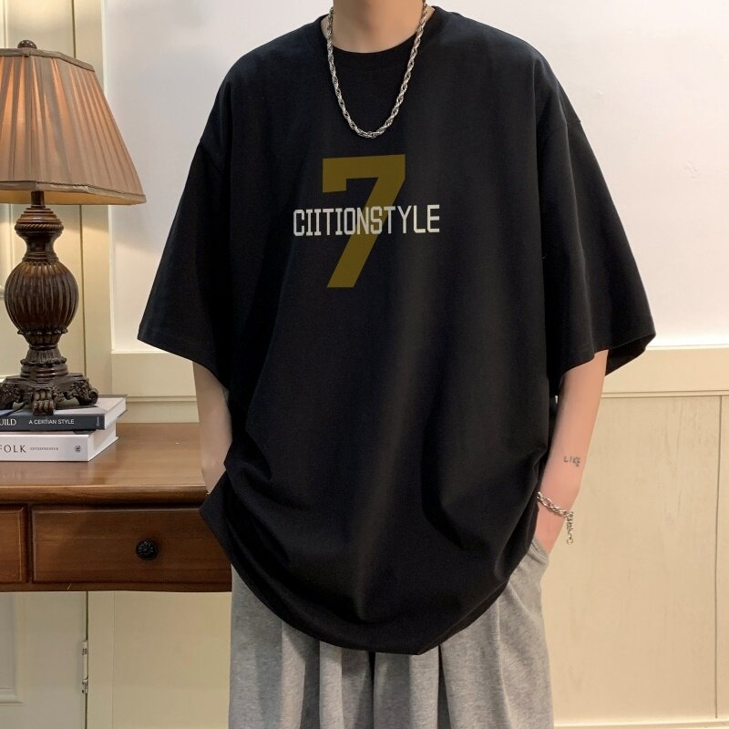 T6277P25潮爆夏2023落肩款宽松棉T男士T恤港风印花纯棉短T,男装T恤,星座510A-6