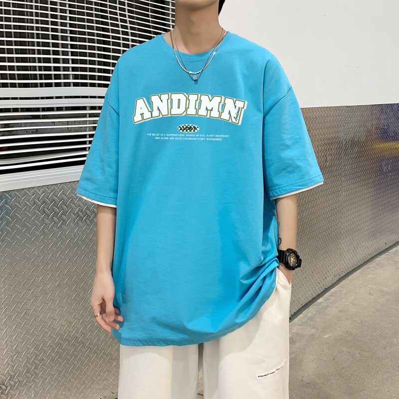 T3487P25春夏英文印花男宽松T恤短袖潮趣T恤港风落肩纯棉男T,男装T恤,星座510A-6