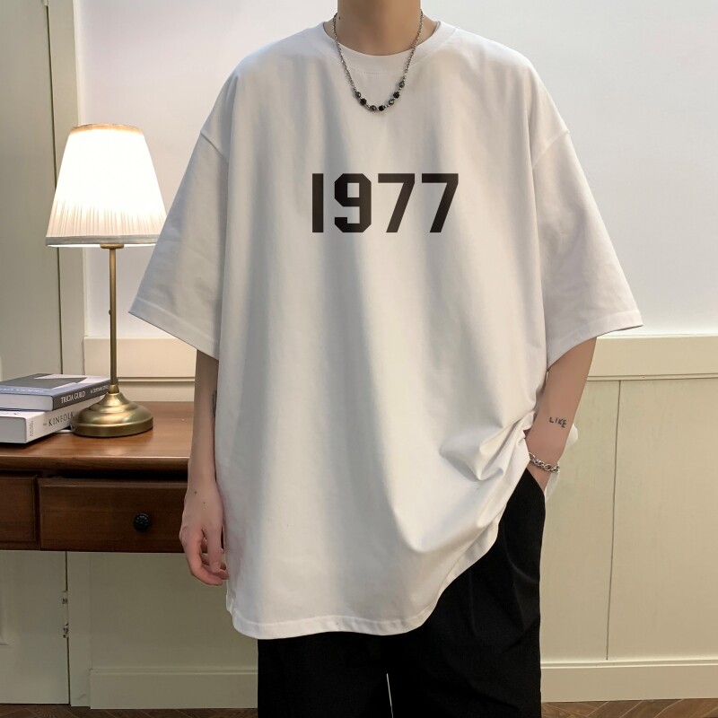 T6238P25 夏2023落肩款宽松棉T男士T恤港风印花纯棉短T白色图片