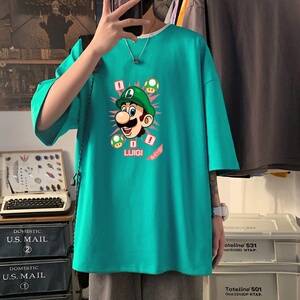 T3423P25男宽松T恤港风落肩纯棉男T短袖潮趣印花T恤春夏新款2022图片